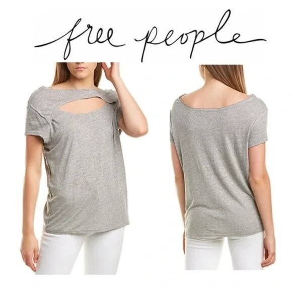Free People June Gray Linen Cut Out Top - Picture 1 of 7